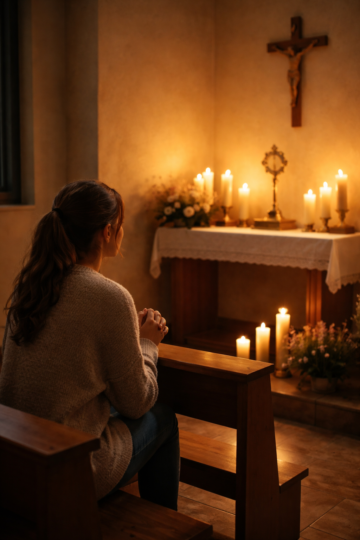 Young adult in quiet prayer with soft light