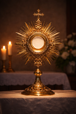 Symbols of prayer and sacraments arranged peacefully