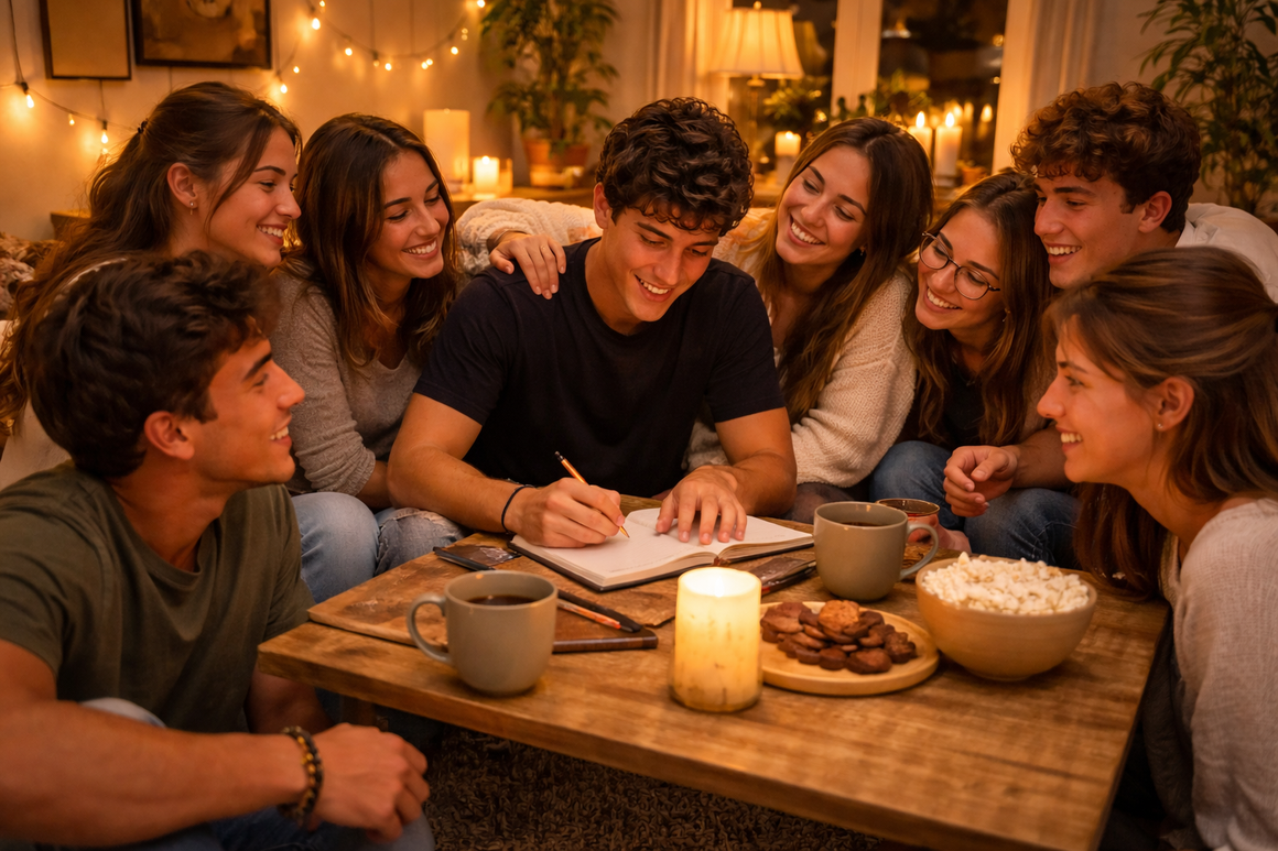 Cozy common room with young adults chatting