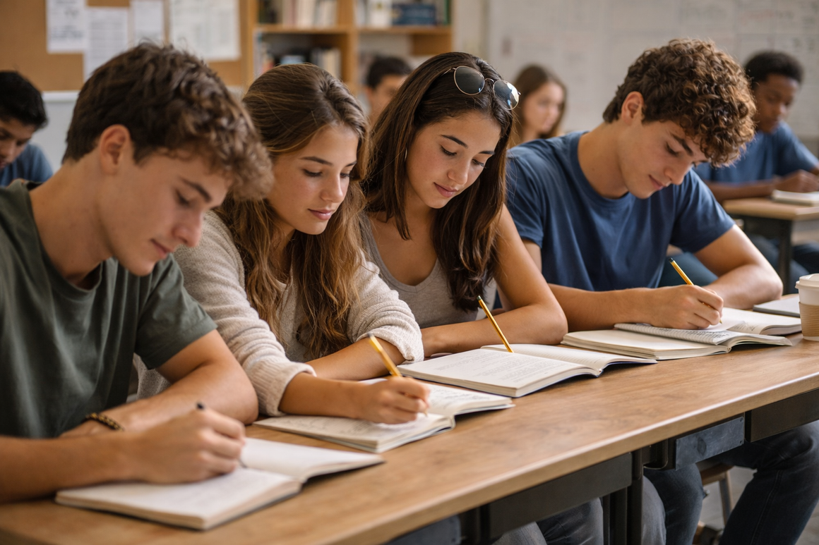 Students studying together with laptops and books